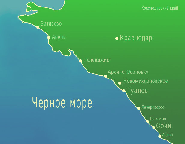 Карта курортов побережья черного моря. Курорты Краснодарского края на карте.